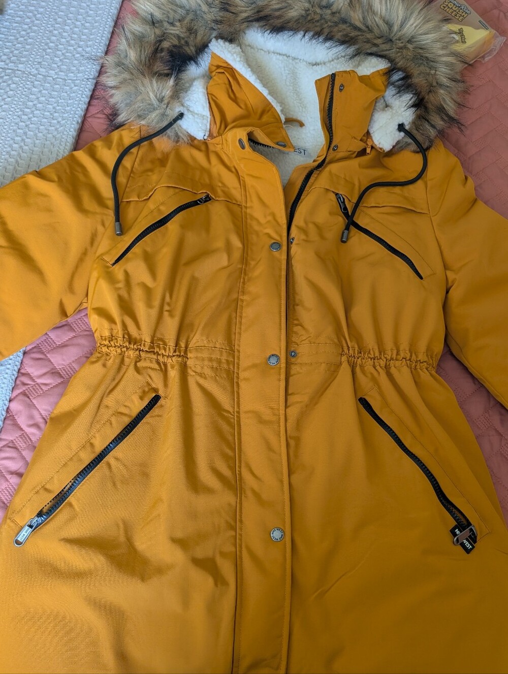 Nine West Mustard Hooded Puffer Coat with Faux Fur Trim